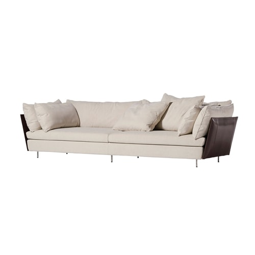 sofa made of steel base and upholstered in thick beige leather with brown finishes