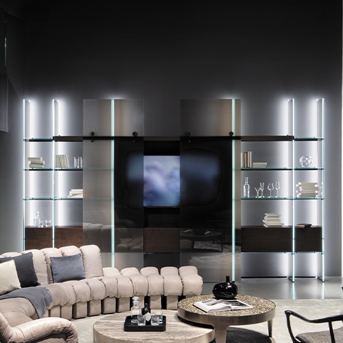 Stylish glass bookcase with a sophisticated bronze finish.