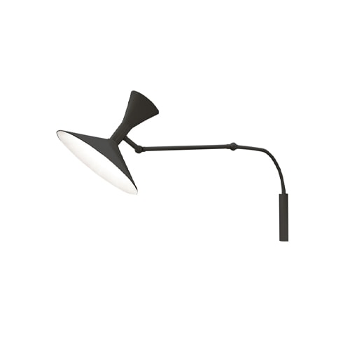 small adjustable arm lamp made of black metal on a white background
