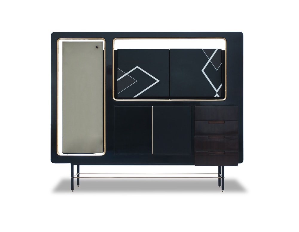 furniture made of lacquered wood and leather in shades of blue on a white background