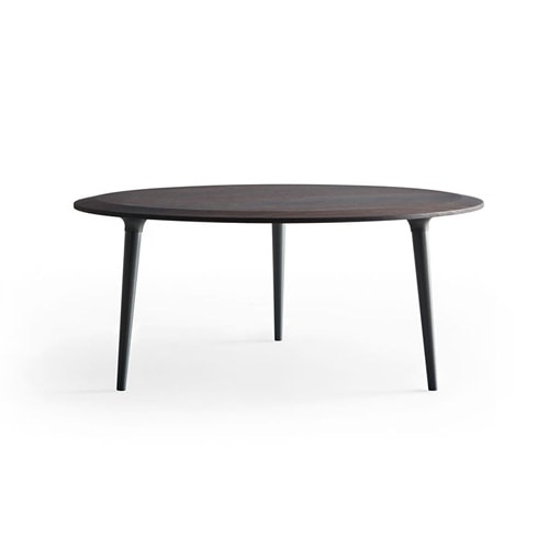small oval table made of Eucalyptus and pewter metal legs in black and brown tones