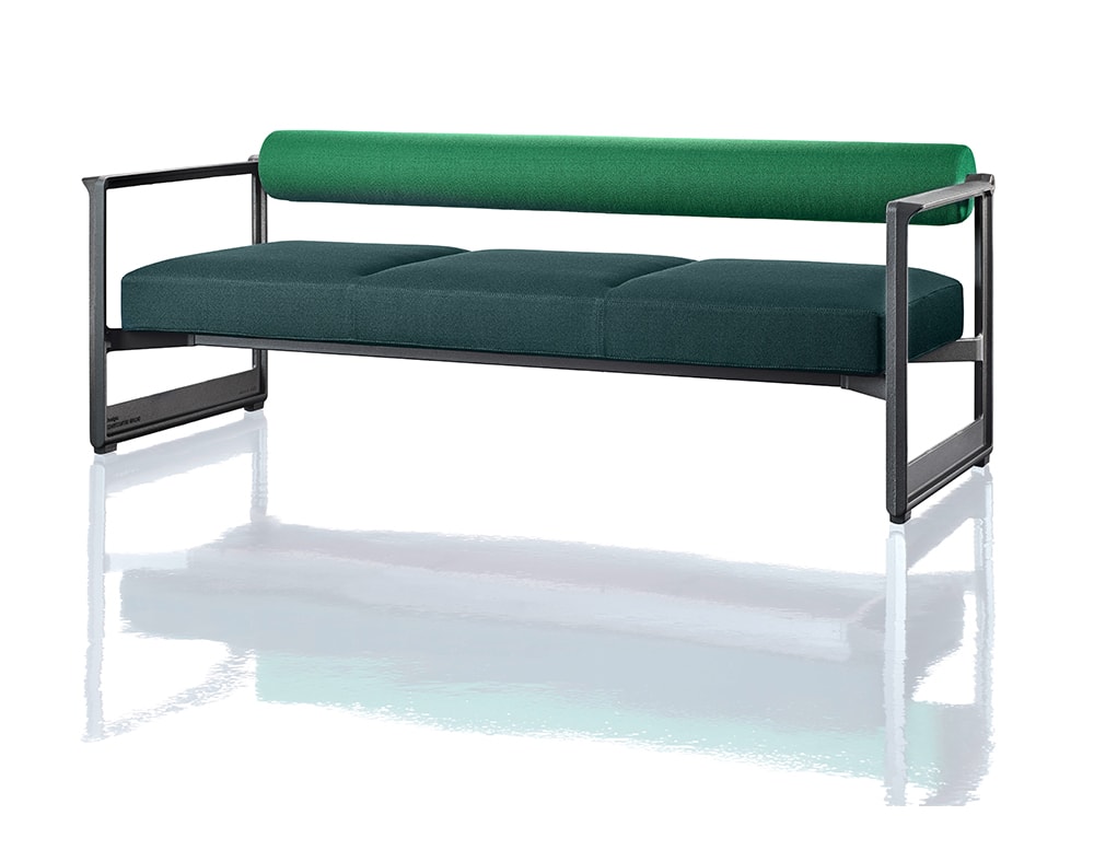 2-seater sofa with extendable cover made with a metal base and fabric in different shades of green in a white background