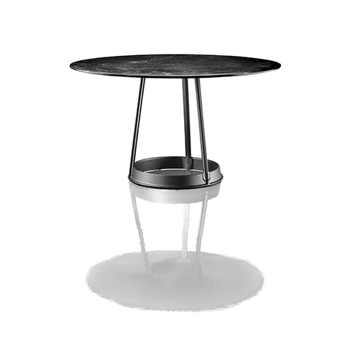circle-shaped side table made of metal and black marble top on a white background