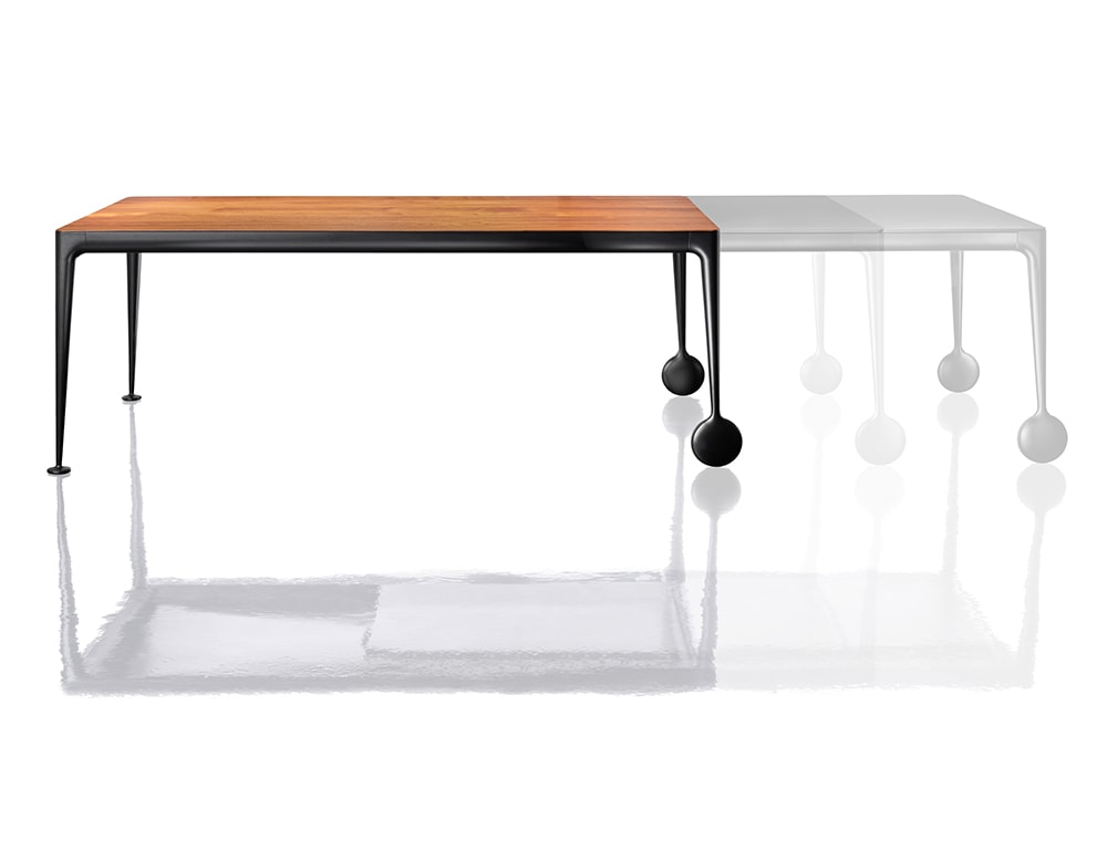 extendable table made of aluminum and dark brown wooden top on a white background
