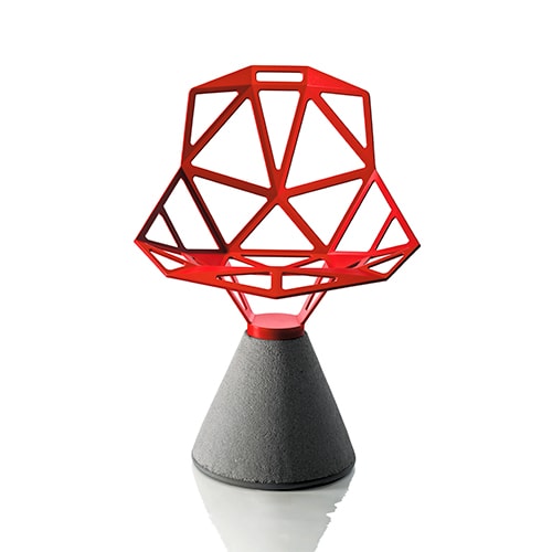 extendable chair made of aluminum and lava stone base in shades of gray and red on a white background
