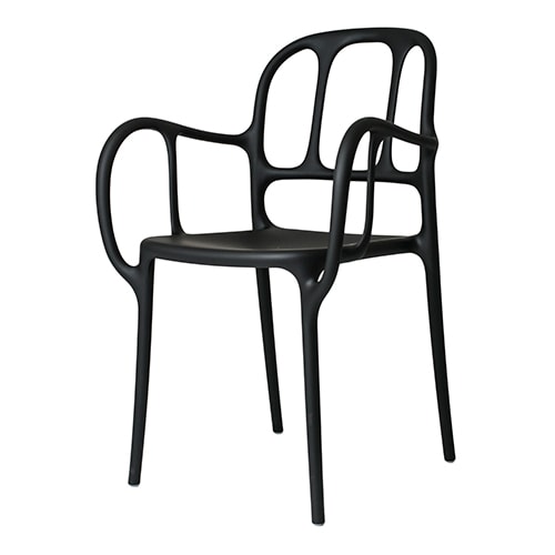 Stacking chair with arms for added comfort and convenience.