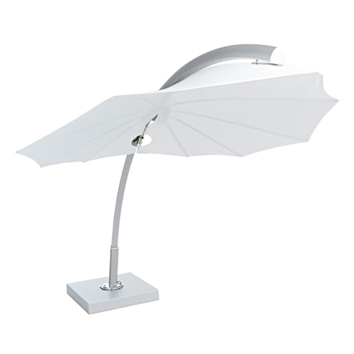 Octagon-shaped umbrella made of metal and fabric in shades of white