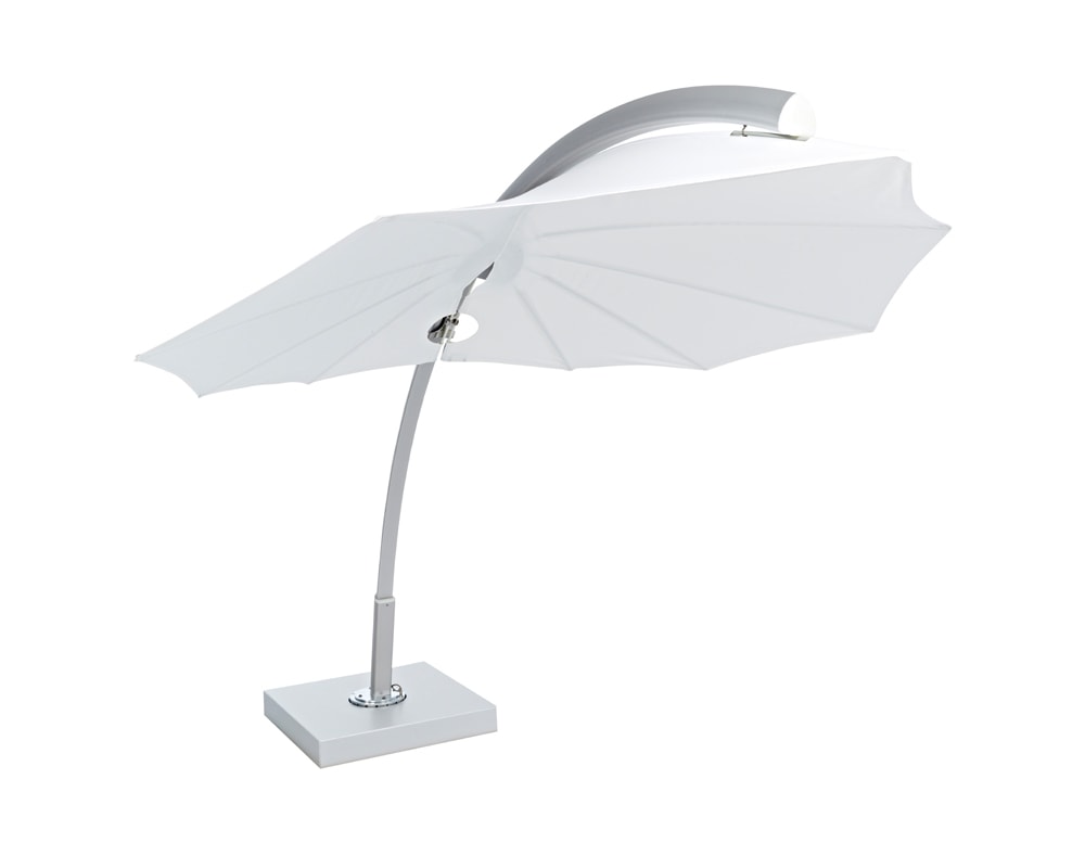 Octagon-shaped umbrella made of metal and fabric in shades of white in a white background