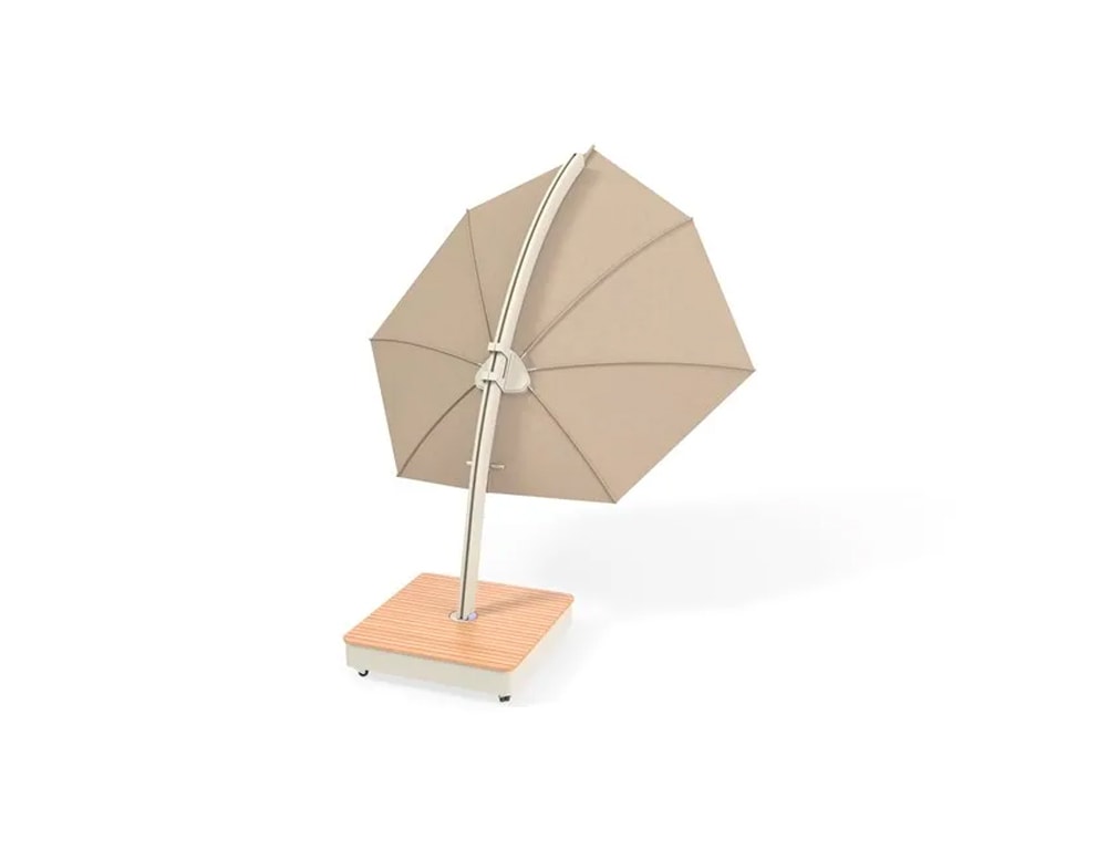Octagon-shaped umbrella made of aluminum and light beige fabric in a white background