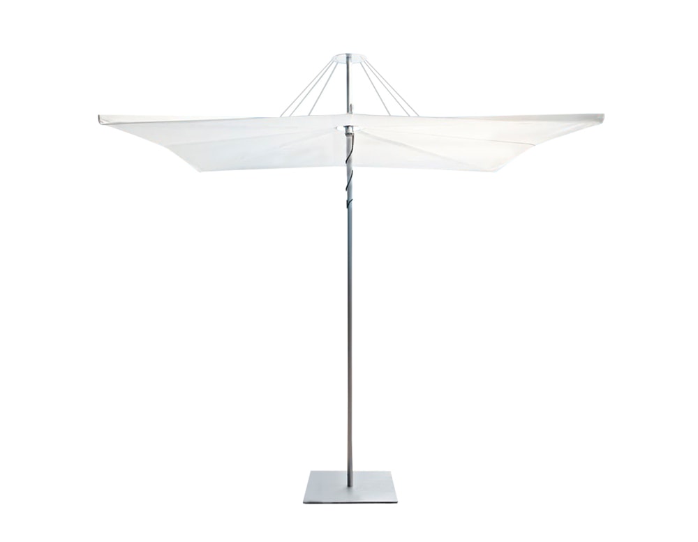 white parasol made from tubes and fabric on top in a white background