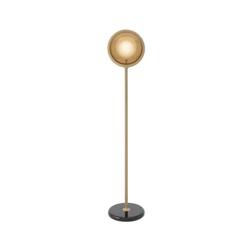 Floor lamp made of metal by hand in gold and white tone for its LED lighting on a white background.