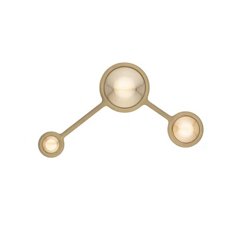ceiling lamp made of metal by hand in the shape of three connected spheres in a gold and white tone for its LED lighting