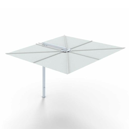 square-shaped umbrella made with heavy metal tubes and white fabric on top