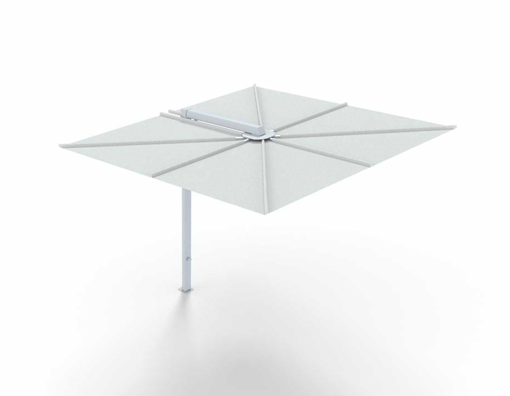 square-shaped umbrella made with heavy metal tubes and white fabric on top in a white background