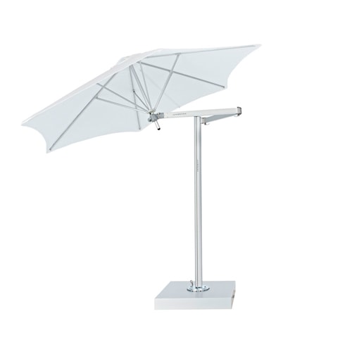 umbrella with base arm made of metal tube and fabric in white tones