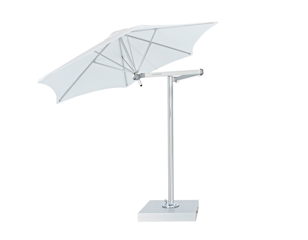 umbrella with base arm made of metal tube and fabric in white tones in a white background