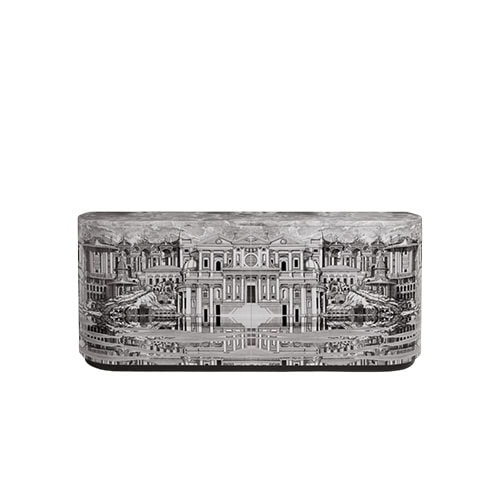 A dramatic buffet featuring Fornasetti’s iconic cityscape motif reflected in meticulous detail, blending architectural grandeur with functional storage.