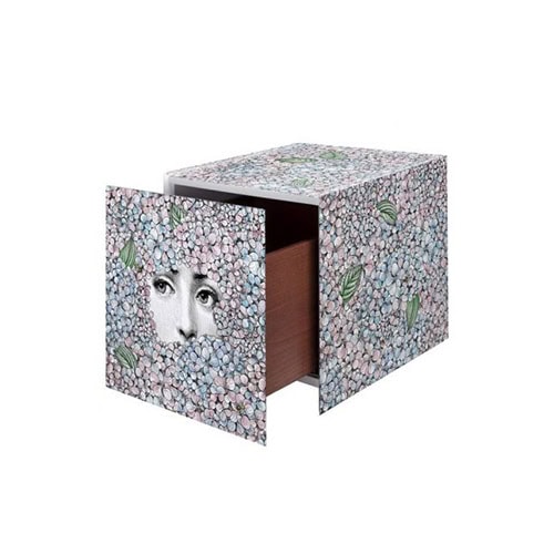 A playful and elegant cube drawer table featuring intricate pastel blossoms and a surreal portrait design, perfect as a statement accent piece.