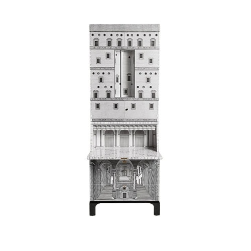 Tall storage cabinet featuring intricate black-and-white architectural drawings, hidden compartments, and a striking vertical silhouette that brings a bold, artistic presence to any space.