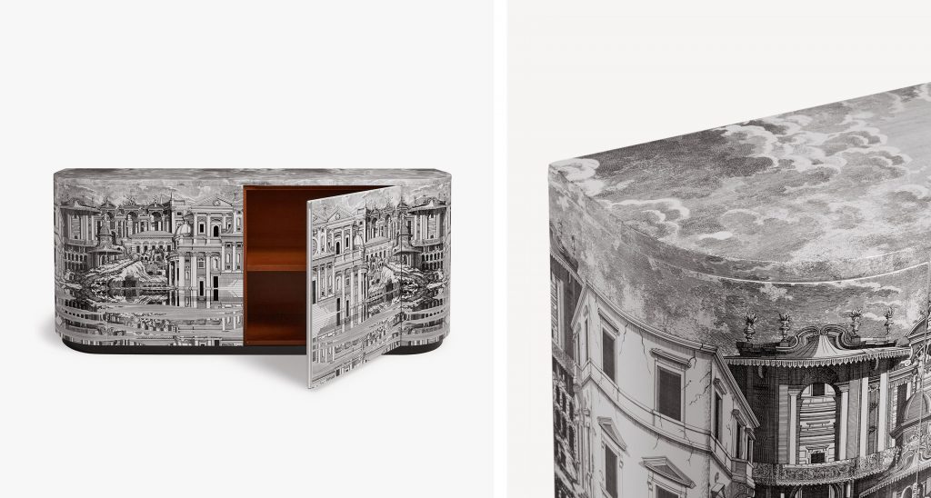 A storage unit adorned with architectural illustrations, featuring a curved facade and a hidden compartment, blending classic design with modern functionality