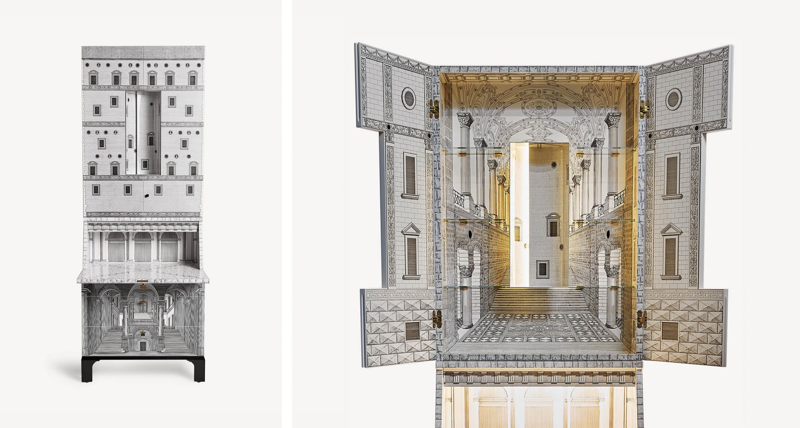 A cabinet with intricate architectural detailing, opening to reveal a luxurious interior inspired by grand classical buildings, combining art and functionality