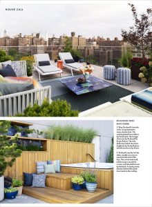 A rooftop lounge with modern outdoor furniture, lush greenery, and city views, creating a stylish and relaxing atmosphere