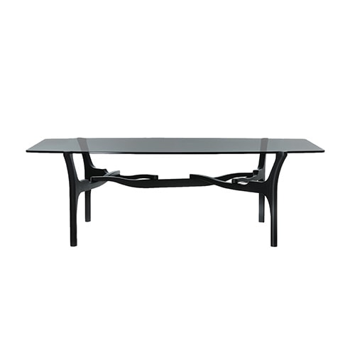 table made of black wood and black or transparent glass top on a white background