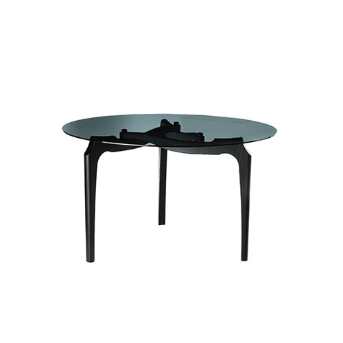 circular table made of wood and black or transparent glass on a white background