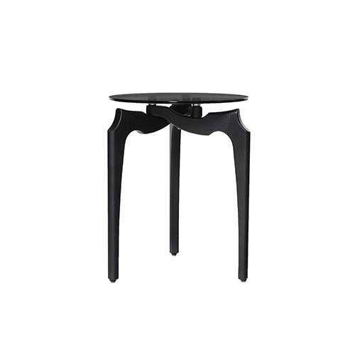 side table made of wood and glass top with a circular shape in black tone on a white background