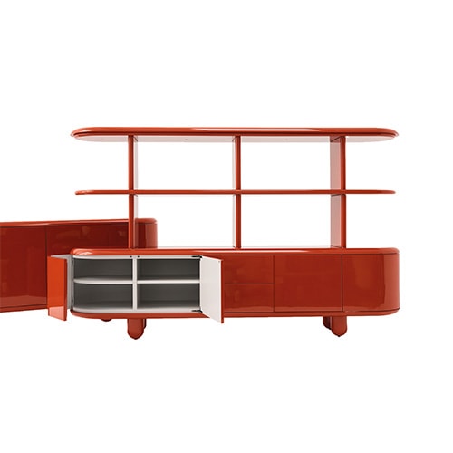 Unique tent-shaped cabinet in a red and white tone with snap drawers and several levels of shelves