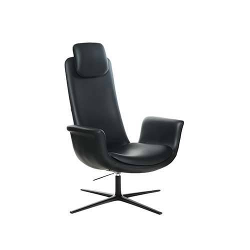 armchair made of aluminum and upholstered in black leather throughout its structure in a white background