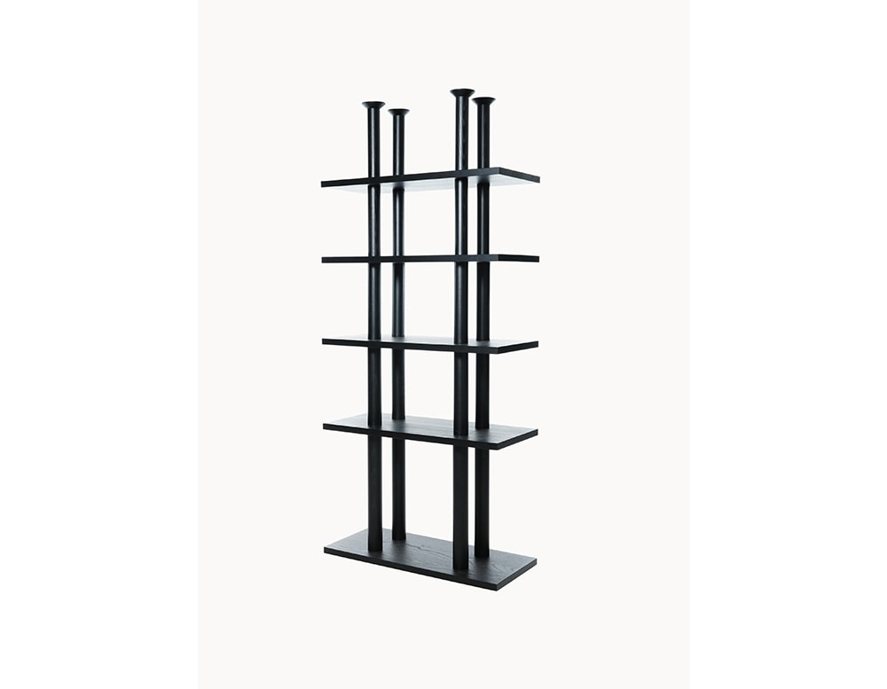 shelf made of black wood throughout its structure, both bases and shelves in a white background