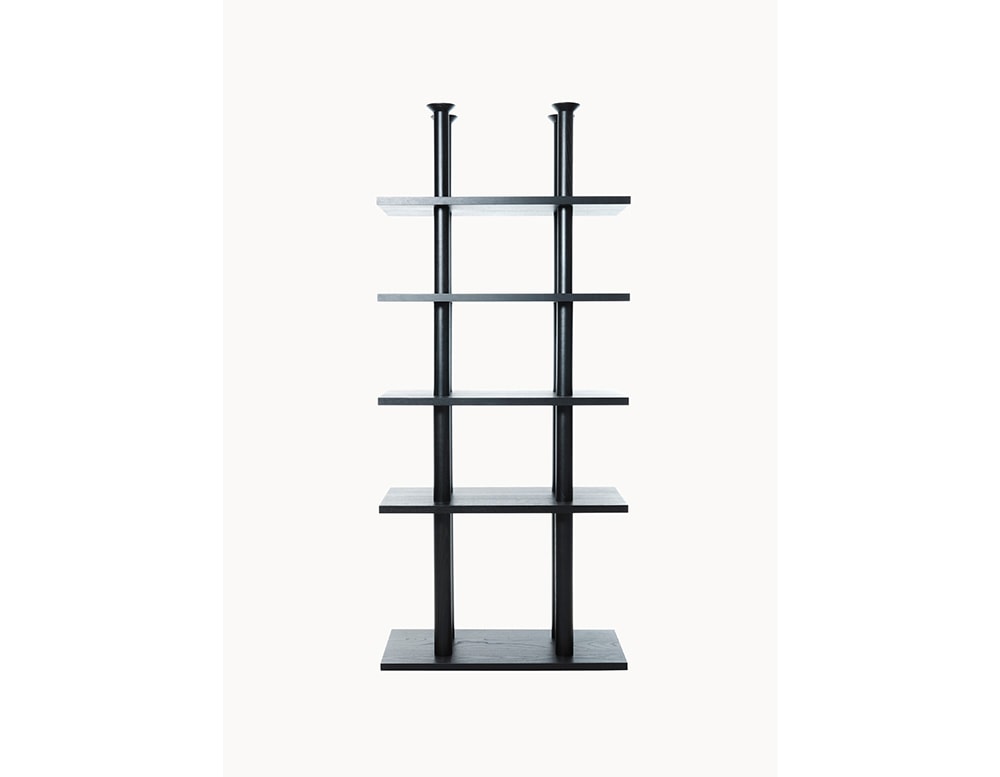 Shelf made of black wood with several levels of shelves and 4 cylinder-shaped bases in a white background