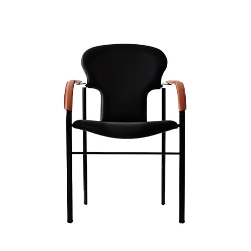chair made from metal and upholstered in black leather and brown leather finish