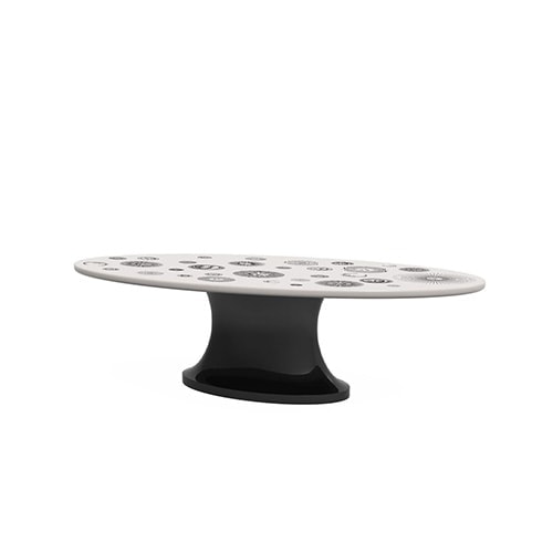 table made of wood and metal base with design on its top in shapes of sun and moon in black and white tones in a white background