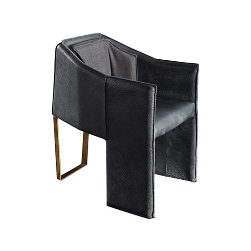 chair made of wood and upholstered in black leather with a single support leg made of steel