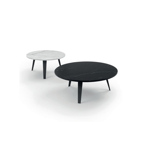 small circle-shaped tables in black or white with aluminum base on a white background