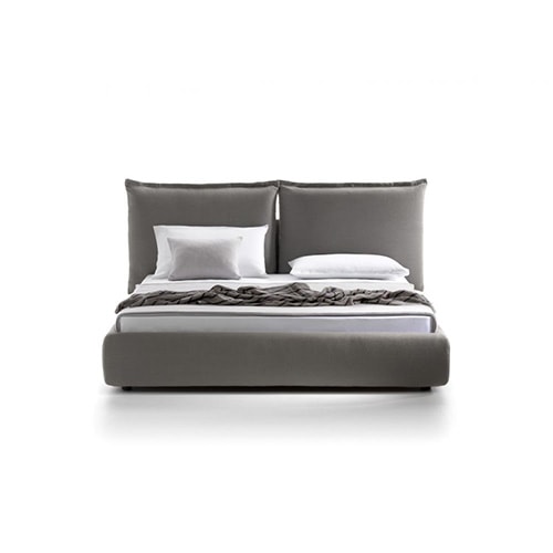 bed with headboard divided into two large cushions made of fabric and wood in a dark gray tone