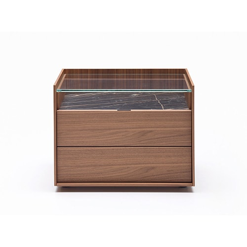 vanity table with pressure drawers made of wood in different shades of coffee and a thick transparent glass top