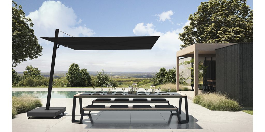 rectangle-shaped umbrella made of metal base and matte black fabric in an outside