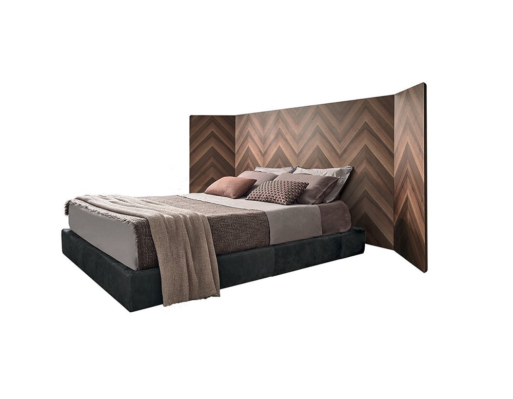 bed with adjustable headboard made of wood and polyurethane foam in brown, white and black tones