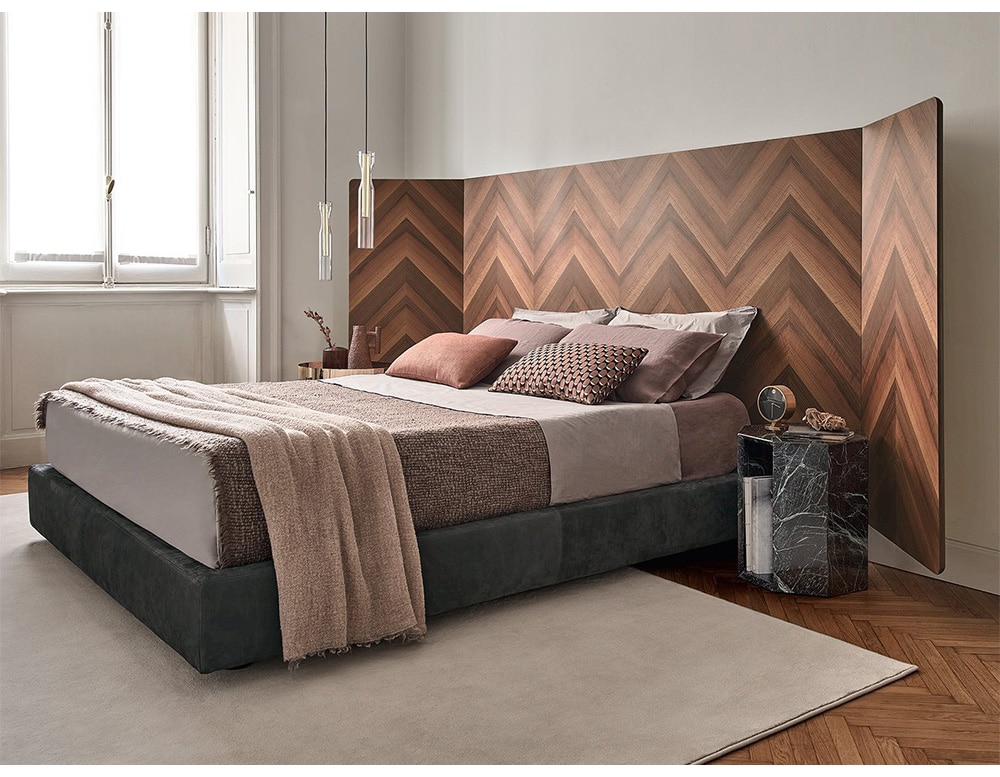 bed with adjustable headboard made of wood and polyurethane foam in brown, white and black tones