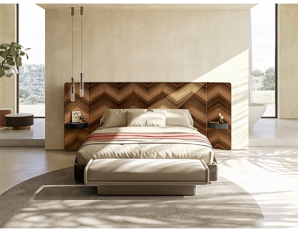 bed made of polyurethane foam, fabric and wood of different tones with geometric pyramid finishes