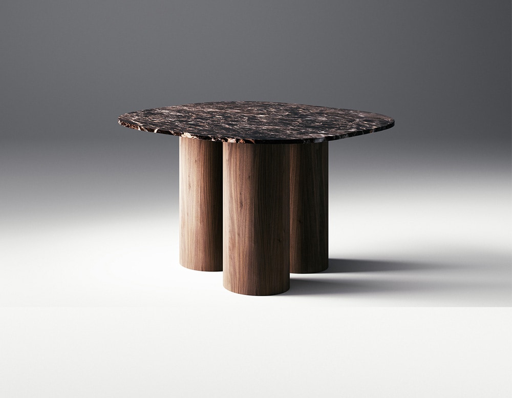 Dining table made with brown wooden base and black marble top with white finishes