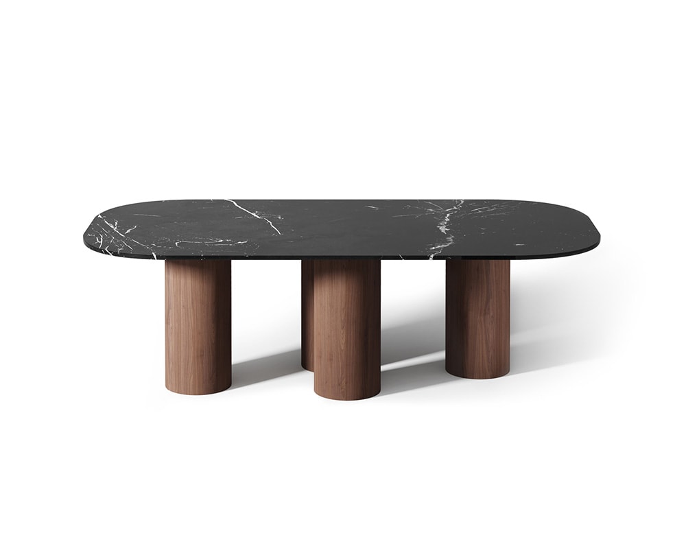 side table made of brown wood and black marble with white edges on a white background
