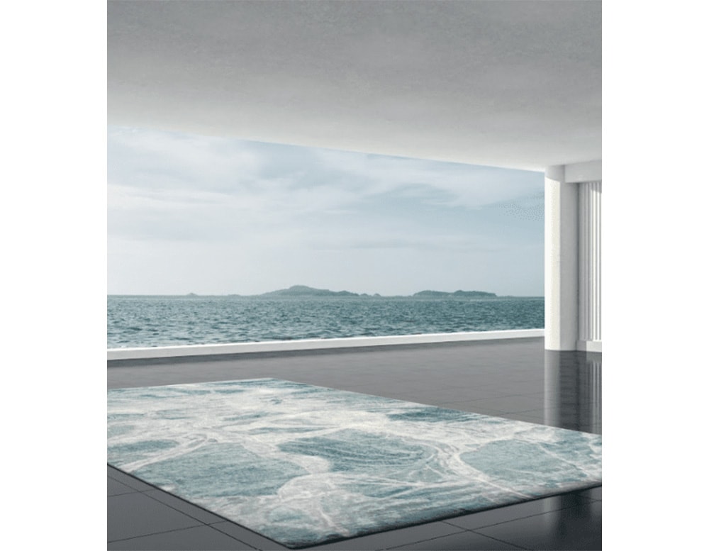carpet made of fabric with wave finishes in different shades of blue in a living room