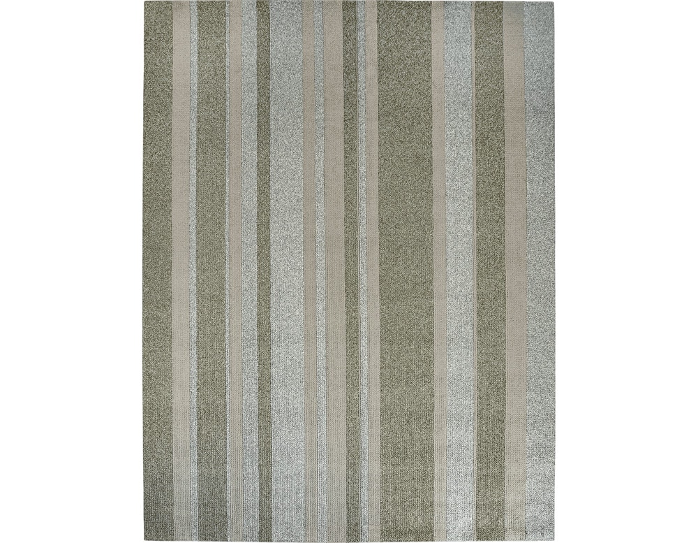 rug made of polypropylene fabric with an interwoven design of beige, gray and green stripes in a white background