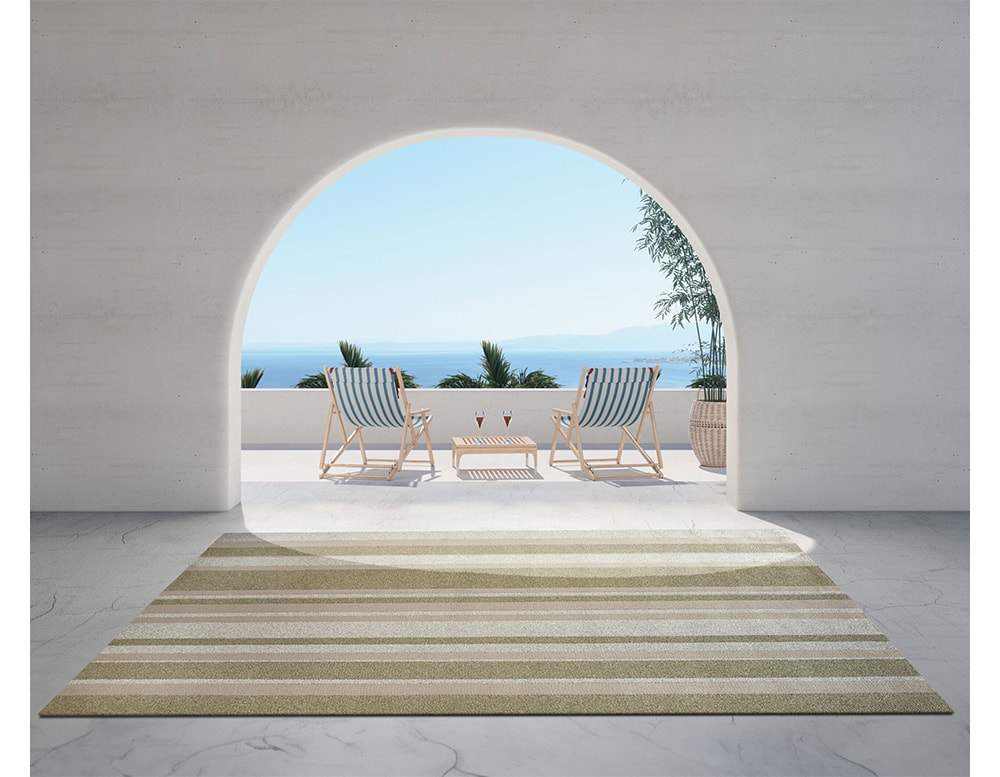 polypropylene fabric rug with interwoven design in gray, beige and green tones