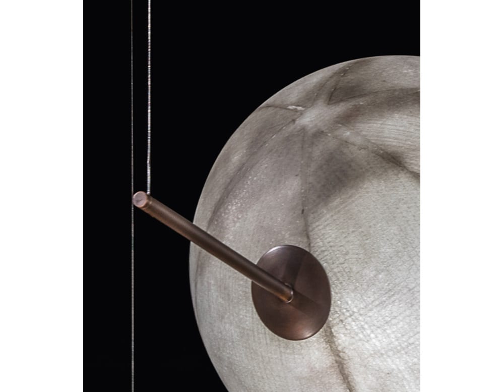 sphere shaped lamps made of fiberglass and with brass and metal stems in white and gold tones