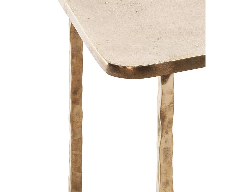 side table made of aluminum and bronze with gold tones on white background